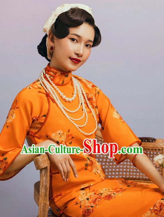 China Classical Wide Sleeve Cheongsam Traditional Minguo Shanghai Printing Flowers Orange Qipao Dress
