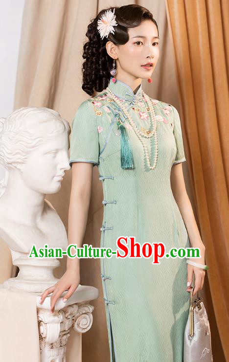 China Classical Shanghai Cheongsam Traditional Minguo Printing Flowers Light Green Qipao Dress