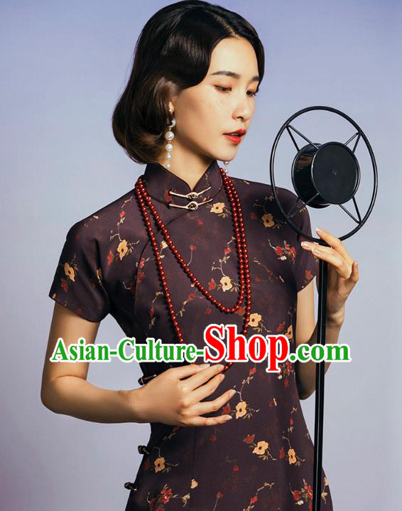 China Classical Deep Brown Silk Cheongsam Traditional Minguo Old Shanghai Singer Qipao Dress