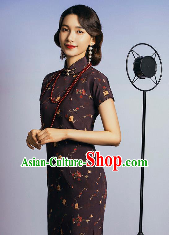 China Classical Deep Brown Silk Cheongsam Traditional Minguo Old Shanghai Singer Qipao Dress