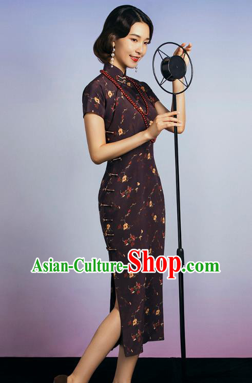 China Classical Deep Brown Silk Cheongsam Traditional Minguo Old Shanghai Singer Qipao Dress