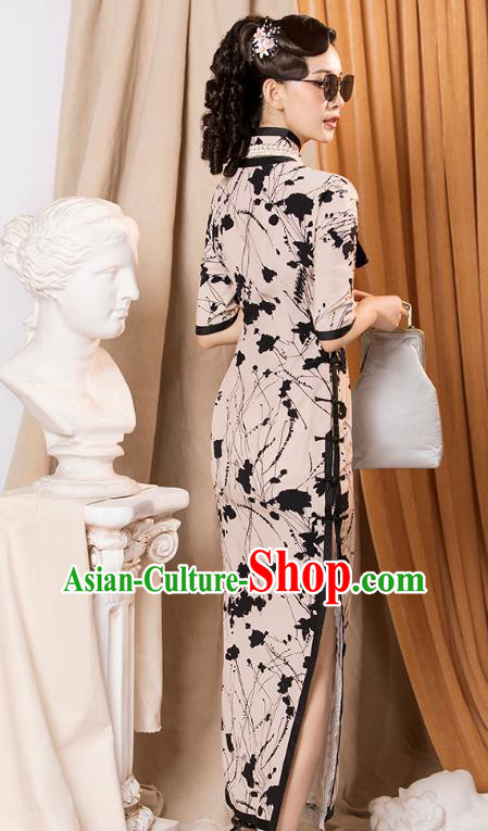 China Classical Apricot Silk Cheongsam Traditional Minguo Old Shanghai Slant Opening Qipao Dress