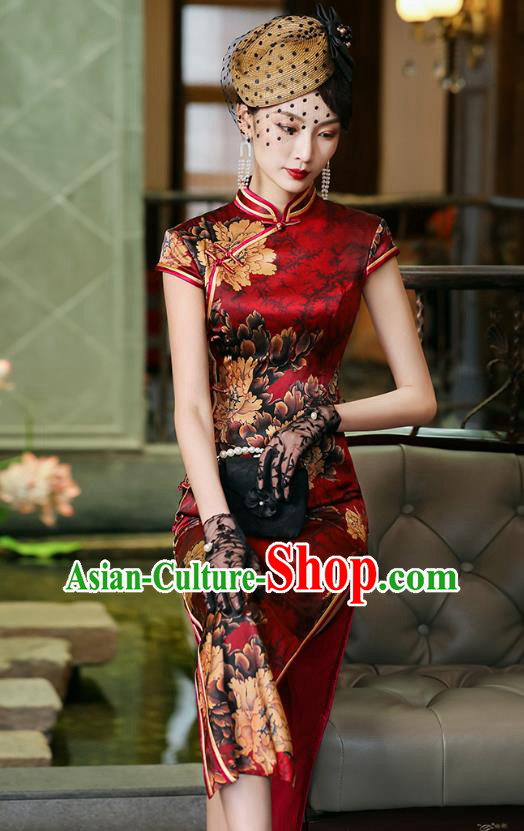 China National Wedding Mother Red Silk Cheongsam Traditional Woman Printing Peony Qipao Dress