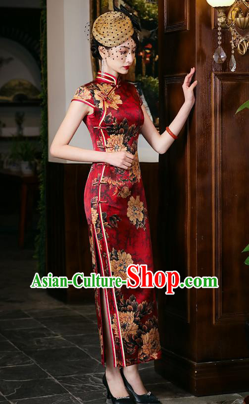 China National Wedding Mother Red Silk Cheongsam Traditional Woman Printing Peony Qipao Dress
