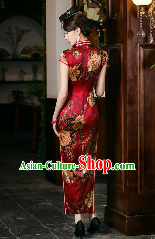 China National Wedding Mother Red Silk Cheongsam Traditional Woman Printing Peony Qipao Dress