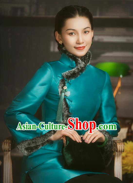 Chinese Tang Suit Outer Garment Clothing National Blue Silk Cotton Wadded Coat