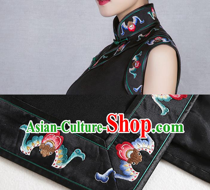 China Classical Stand Collar Black Silk Cheongsam Traditional Minguo Embroidered Sleeveless Qipao Dress