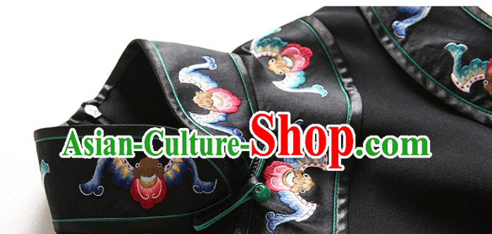 China Classical Stand Collar Black Silk Cheongsam Traditional Minguo Embroidered Sleeveless Qipao Dress