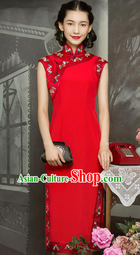 China Classical Sleeveless Cheongsam Traditional Minguo Embroidered Red Silk Qipao Dress
