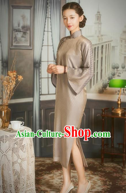 China Classical Wide Sleeve Cheongsam Traditional Minguo Shanghai Woman Light Brown Silk Qipao Dress