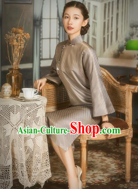 China Classical Wide Sleeve Cheongsam Traditional Minguo Shanghai Woman Light Brown Silk Qipao Dress