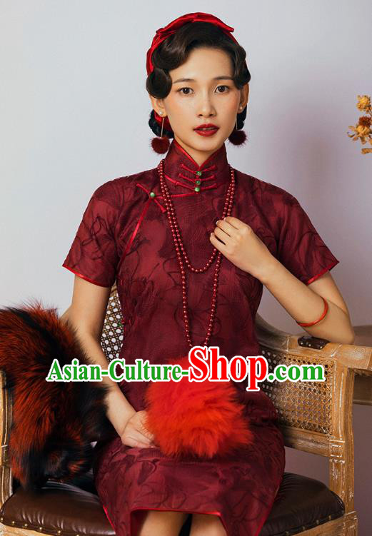 China Classical Upper Outer Garment Cheongsam Traditional Minguo Shanghai Wine Red Silk Qipao Dress