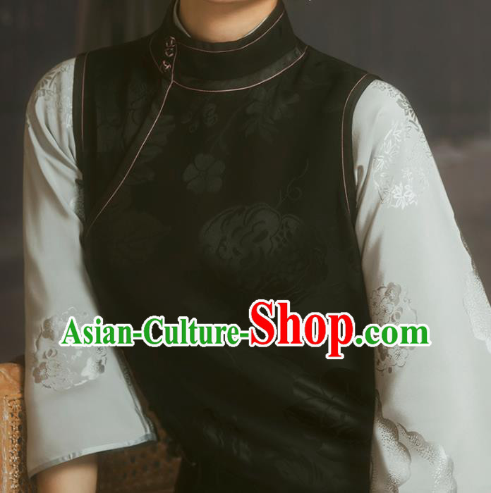 China Classical Young Lady Black Silk Cheongsam Traditional Minguo Shanghai Stand Collar Qipao Dress