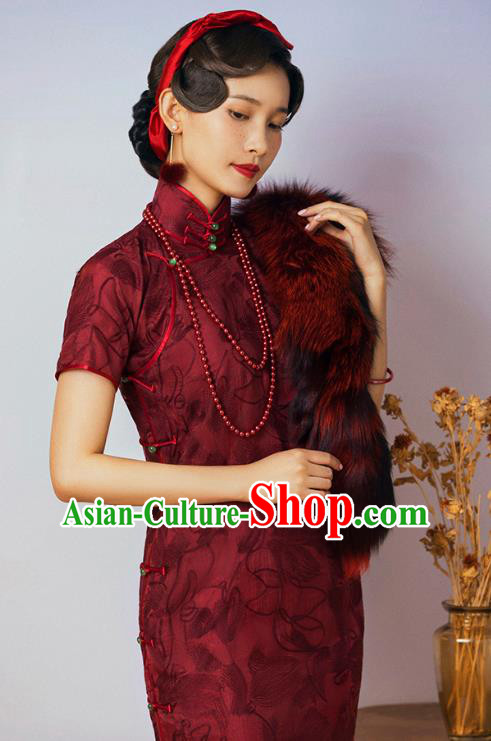 China Classical Upper Outer Garment Cheongsam Traditional Minguo Shanghai Wine Red Silk Qipao Dress