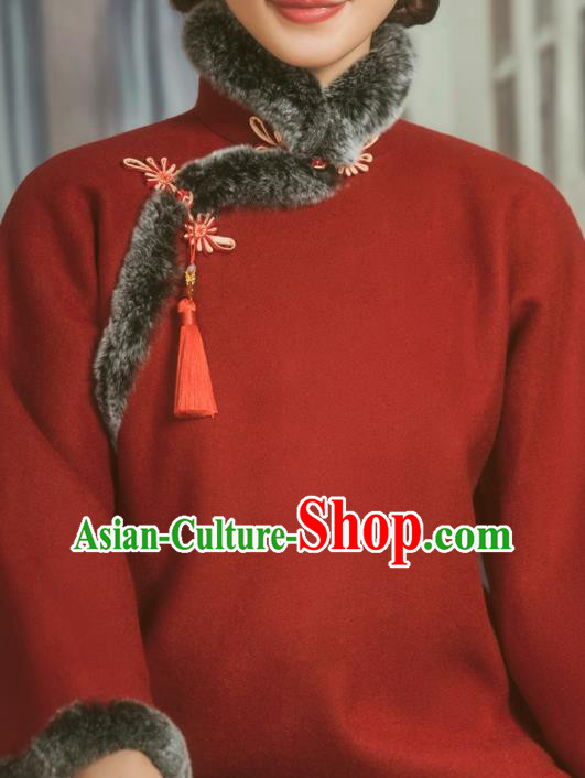 Chinese National Winter Clothing Red Woolen Jacket Tang Suit Overcoat Outer Garment