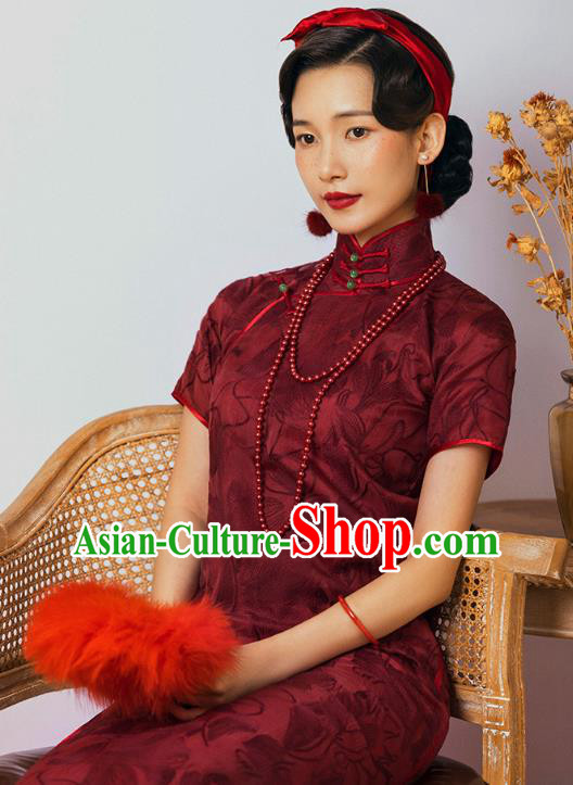 China Classical Upper Outer Garment Cheongsam Traditional Minguo Shanghai Wine Red Silk Qipao Dress