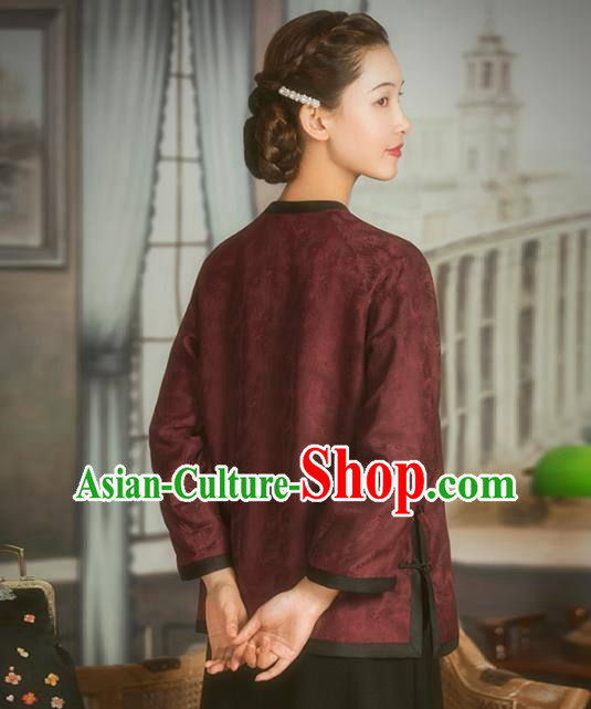 Chinese National Upper Outer Garment Clothing Tang Suit Wine Red Silk Cheongsam Shirt
