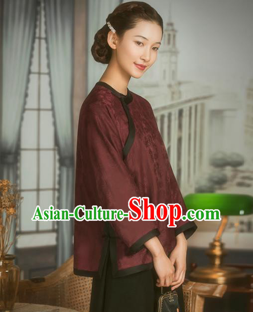 Chinese National Upper Outer Garment Clothing Tang Suit Wine Red Silk Cheongsam Shirt