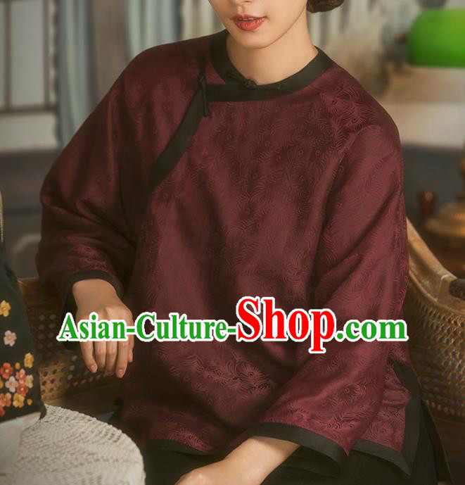 Chinese National Upper Outer Garment Clothing Tang Suit Wine Red Silk Cheongsam Shirt