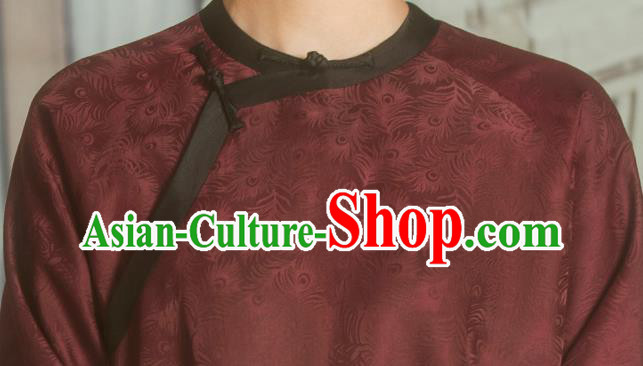 Chinese National Upper Outer Garment Clothing Tang Suit Wine Red Silk Cheongsam Shirt