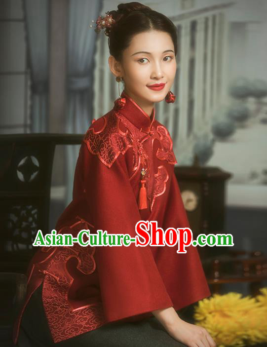 Chinese National Wedding Bride Upper Outer Garment Clothing Tang Suit Embroidered Red Woolen Jacket