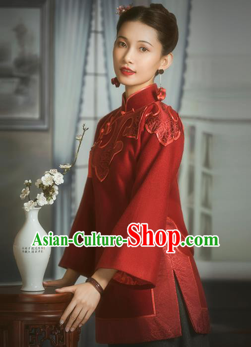 Chinese National Wedding Bride Upper Outer Garment Clothing Tang Suit Embroidered Red Woolen Jacket