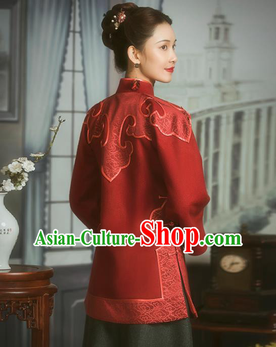 Chinese National Wedding Bride Upper Outer Garment Clothing Tang Suit Embroidered Red Woolen Jacket