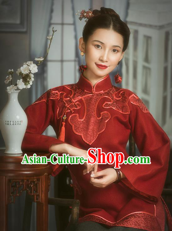 Chinese National Wedding Bride Upper Outer Garment Clothing Tang Suit Embroidered Red Woolen Jacket