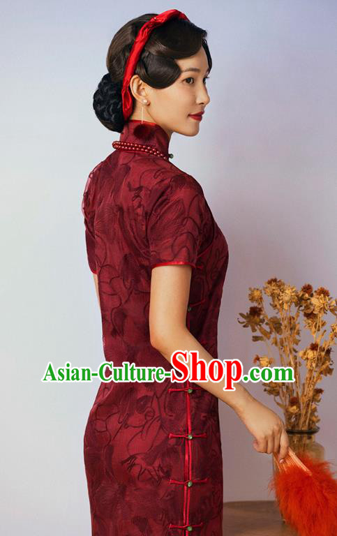 China Classical Upper Outer Garment Cheongsam Traditional Minguo Shanghai Wine Red Silk Qipao Dress