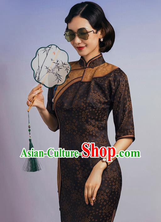 China Traditional Minguo Upper Outer Garment Qipao Dress Classical Plum Pattern Brown Silk Cheongsam