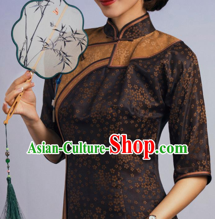 China Traditional Minguo Upper Outer Garment Qipao Dress Classical Plum Pattern Brown Silk Cheongsam