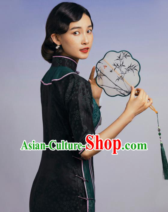 China Classical Plum Pattern Dark Green Silk Cheongsam Traditional Minguo Shanghai Qipao Dress
