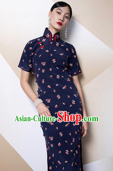 China Classical Navy Silk Cheongsam Traditional Minguo Shanghai Stand Collar Qipao Dress