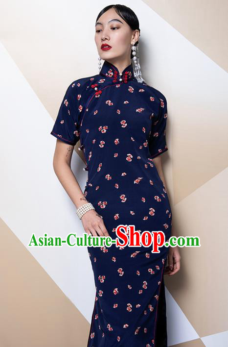 China Classical Navy Silk Cheongsam Traditional Minguo Shanghai Stand Collar Qipao Dress