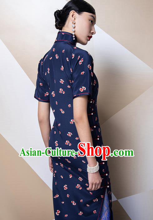 China Classical Navy Silk Cheongsam Traditional Minguo Shanghai Stand Collar Qipao Dress