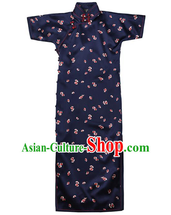 China Classical Navy Silk Cheongsam Traditional Minguo Shanghai Stand Collar Qipao Dress