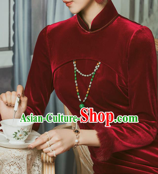 China Classical Wine Red Velvet Cheongsam Traditional Minguo Shanghai Young Woman Qipao Dress