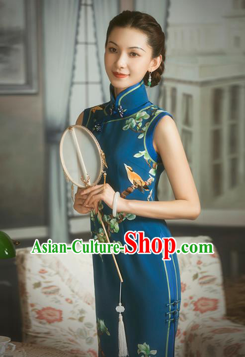 China Classical Embroidered Mangnolia Cheongsam Traditional Minguo Shanghai Blue Silk Qipao Dress