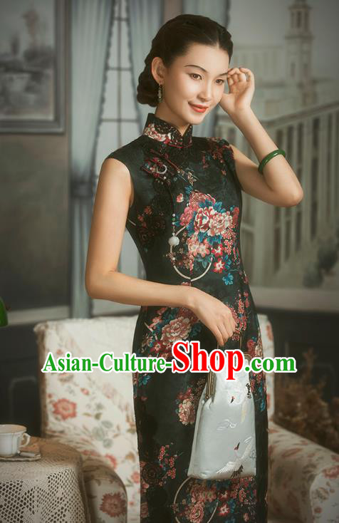 China Classical Printing Black Silk Cheongsam Traditional Minguo Shanghai Woman Qipao Dress