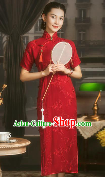 China Classical Wedding Bride Cheongsam Traditional Minguo Shanghai Woman Red Silk Qipao Dress