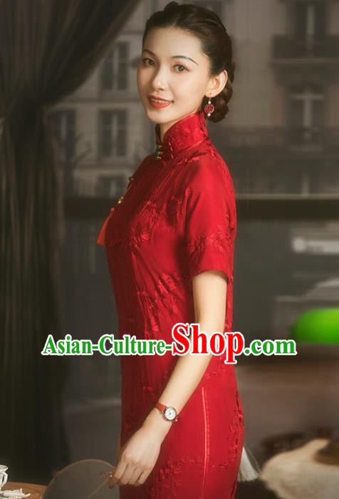 China Classical Wedding Bride Cheongsam Traditional Minguo Shanghai Woman Red Silk Qipao Dress