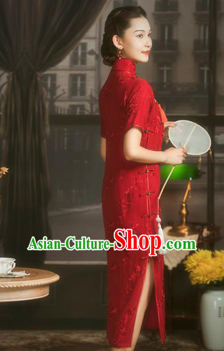 China Classical Wedding Bride Cheongsam Traditional Minguo Shanghai Woman Red Silk Qipao Dress