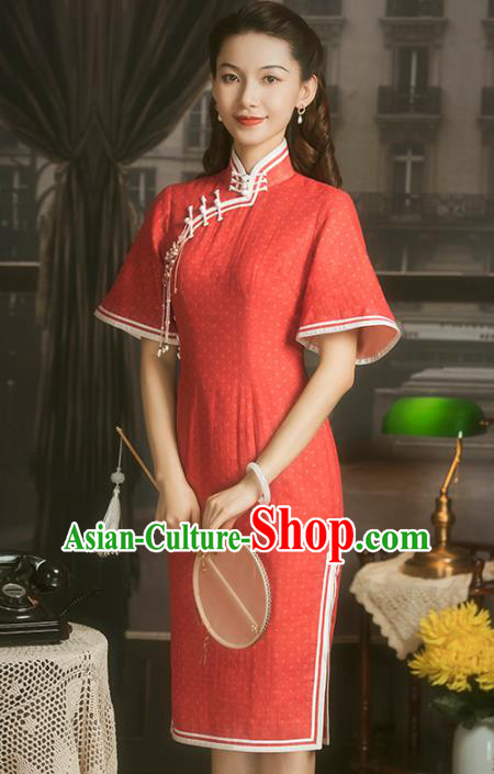 China Classical Red Flax Short Cheongsam Traditional Minguo Young Lady Qipao Dress