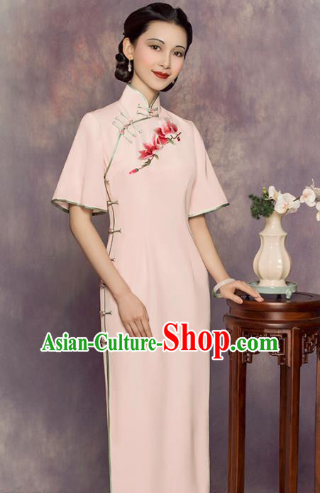 China Classical Shanghai Woman Cheongsam Traditional Minguo Embroidered Mangnolia Pink Silk Qipao Dress