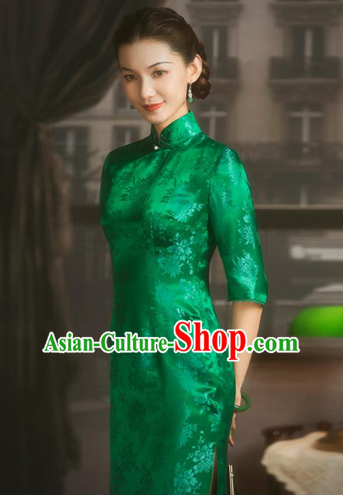 China Classical Green Brocade Cheongsam Traditional Minguo Shanghai Woman Silk Qipao Dress