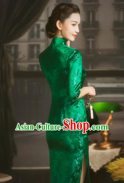 China Classical Green Brocade Cheongsam Traditional Minguo Shanghai Woman Silk Qipao Dress