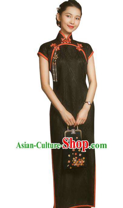 China Classical Stand Collar Cheongsam Traditional Minguo Shanghai Woman Black Silk Qipao Dress