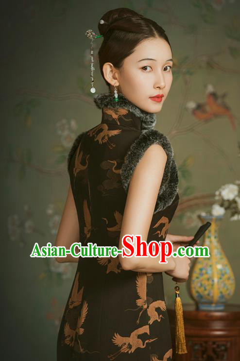 China Classical Crane Pattern Brown Sleeveless Cheongsam Traditional Minguo Gambiered Guangdong Gauze Qipao Dress
