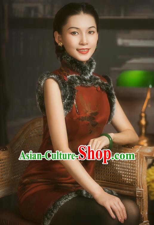 China Classical Crane Pattern Red Silk Cheongsam Traditional Minguo Cotton Wadded Sleeveless Qipao Dress