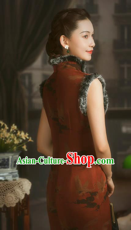 China Classical Crane Pattern Red Silk Cheongsam Traditional Minguo Cotton Wadded Sleeveless Qipao Dress